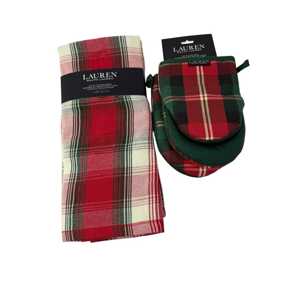 NWT Ralph Lauren Stewart Plaid Kitchen Towels & Mini Mitts Set Christmas Holiday - Picture 2 of 10